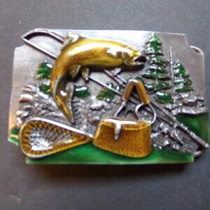Vintage Fishing Belt Buckle Fish Basket Pole Outdoors Nature Enamel Painted
